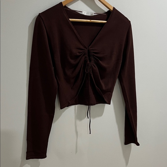 NWT Mango MNG Women’s Knit Top Large Chocolate Brown Tie Front Cardigan Cropped - Picture 4 of 8